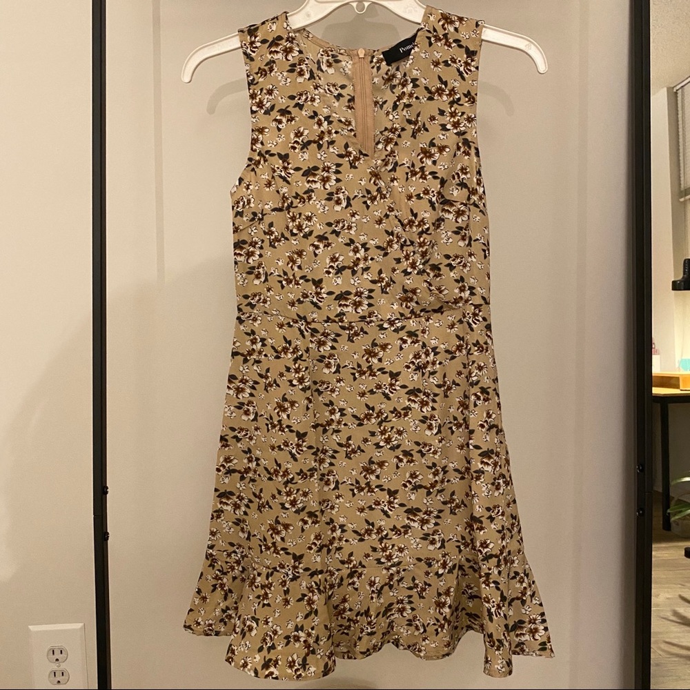 Beige mini floral surplice neckline dress